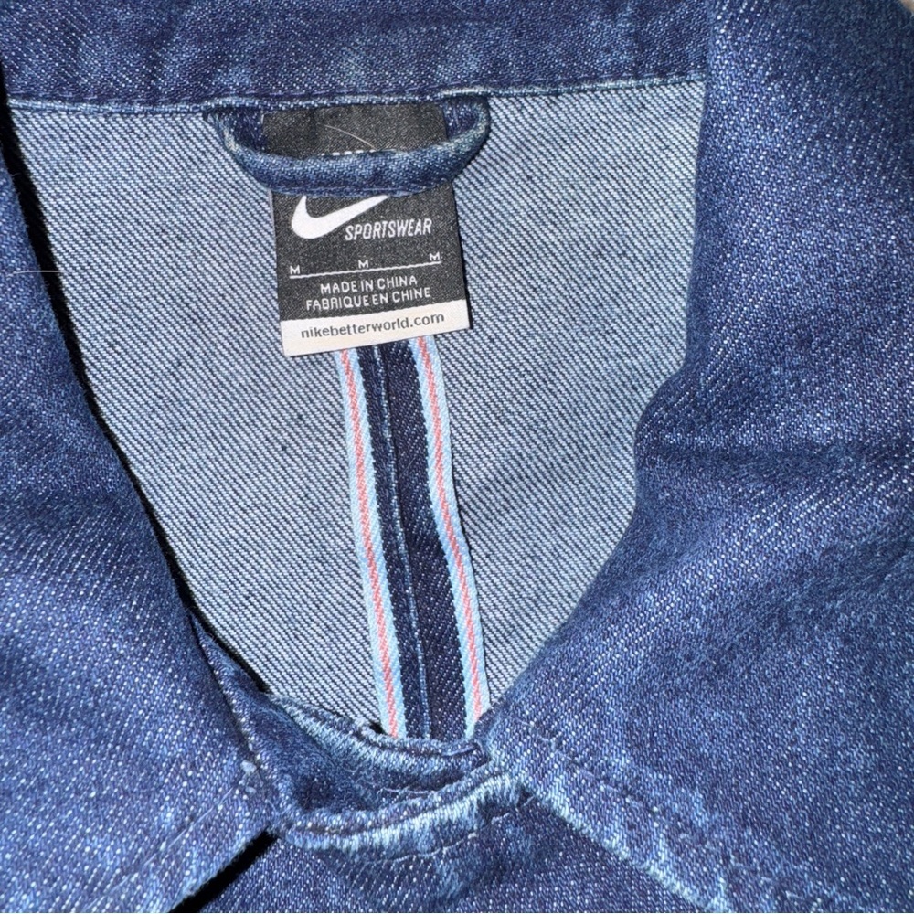 Nike NSW Selvedge Moto Destroyer Dark Blue Denim Jacket with Leather Sleeves - Picture 2 of 6